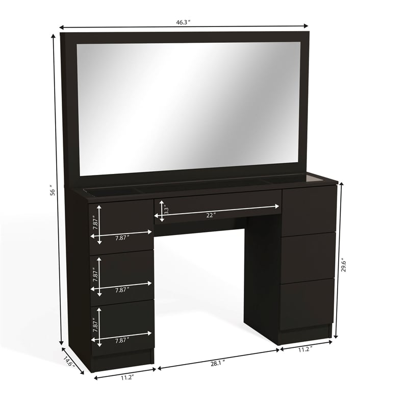 Boahaus Seraphine Black Vanity LED Lights 7 Drawers Mirror Crystal Ball Knobs