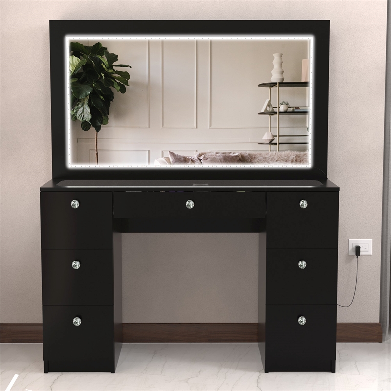 Boahaus Seraphine Black Vanity LED Lights 7 Drawers Mirror Crystal Knobs