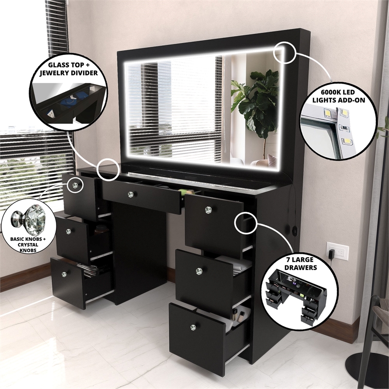 Boahaus Seraphine Black Vanity LED Lights 7 Drawers Mirror Crystal Knobs