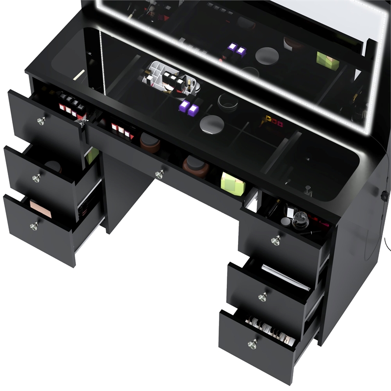 Boahaus Seraphine Black Vanity LED Lights 7 Drawers Mirror Crystal Knobs