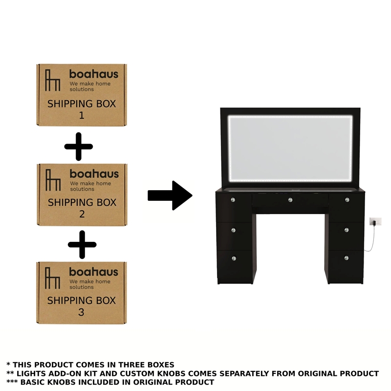 Boahaus Seraphine Black Vanity LED Lights 7 Drawers Mirror Crystal Knobs