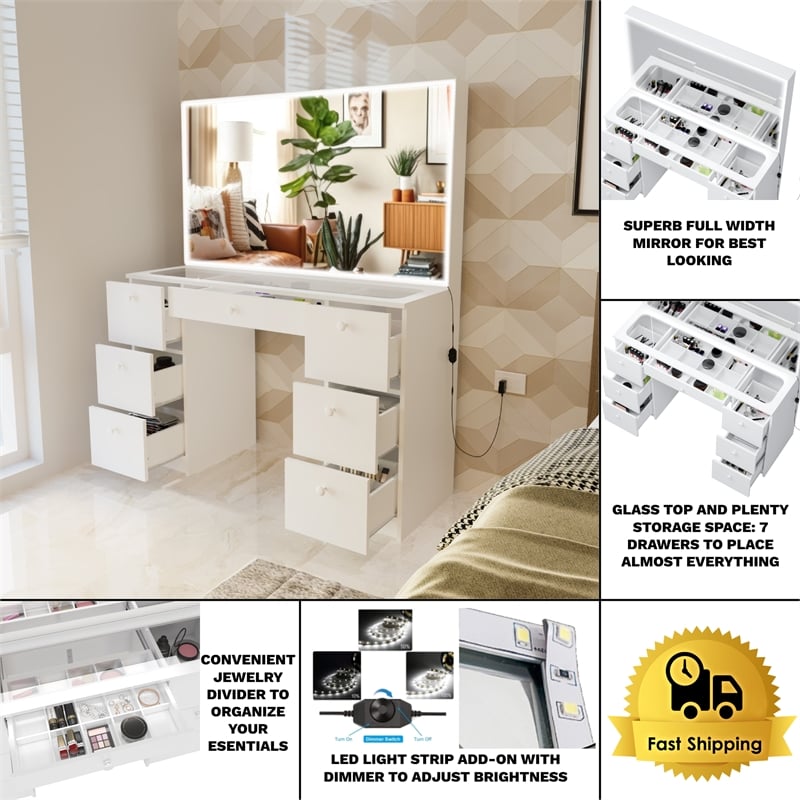 Boahaus Seraphine White Vanity Lights 7 Drawers Wide Mirror Basic Knobs