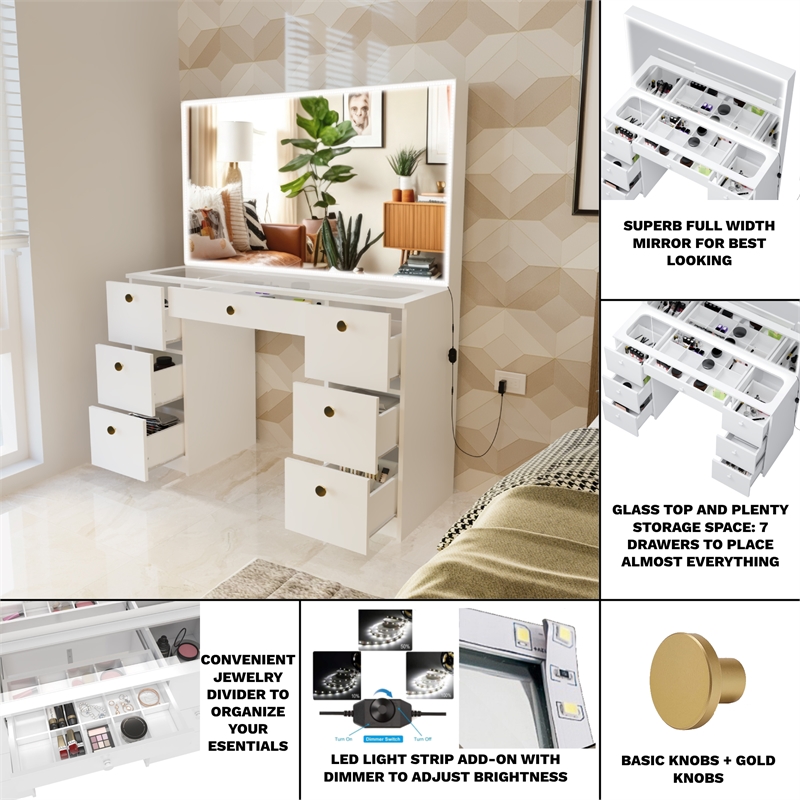 Boahaus Seraphine White Vanity Desk Lights 7 Drawers Wide Mirror Golden Knobs