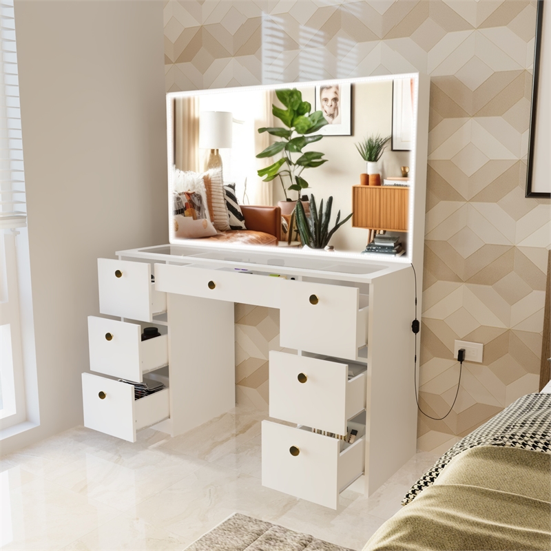 Boahaus Seraphine White Vanity Desk Lights 7 Drawers Wide Mirror Golden Knobs