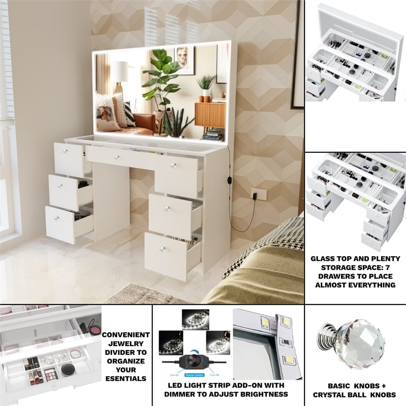 Boahaus Seraphine White Vanity Desk Lights 7 Drawers Mirror Crystal Ball Knobs