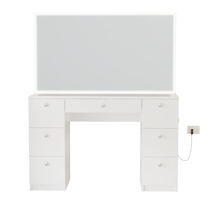 Boahaus Seraphine White Vanity Desk Lights 7 Drawers Mirror Crystal Ball Knobs
