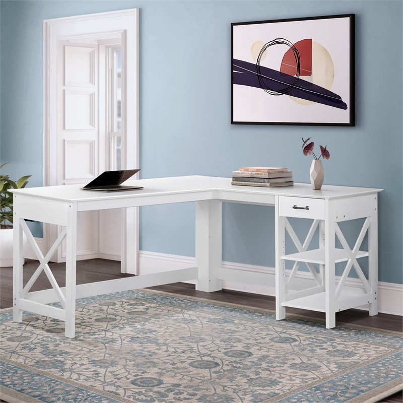 Saint Birch L-Shaped Farmhouse Wood Desk with 2 Shelves in White
