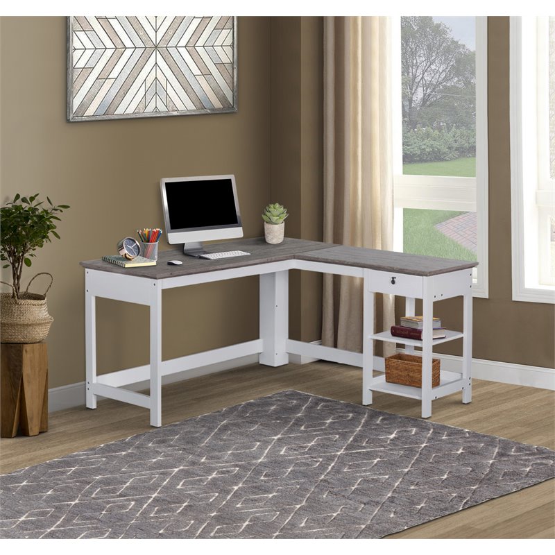 Saint Birch Finley L-Shaped Modern Wood Writing Desk in White/Driftwood