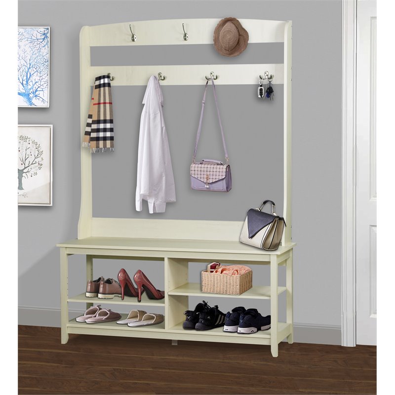 Saint Birch Hawksbury Modern Wood Hall Tree & Shoe Bench in Antique White