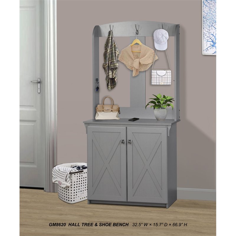 Saint Birch Hawksbury Farmhouse Wood Hall Tree & Cabinet in Gray