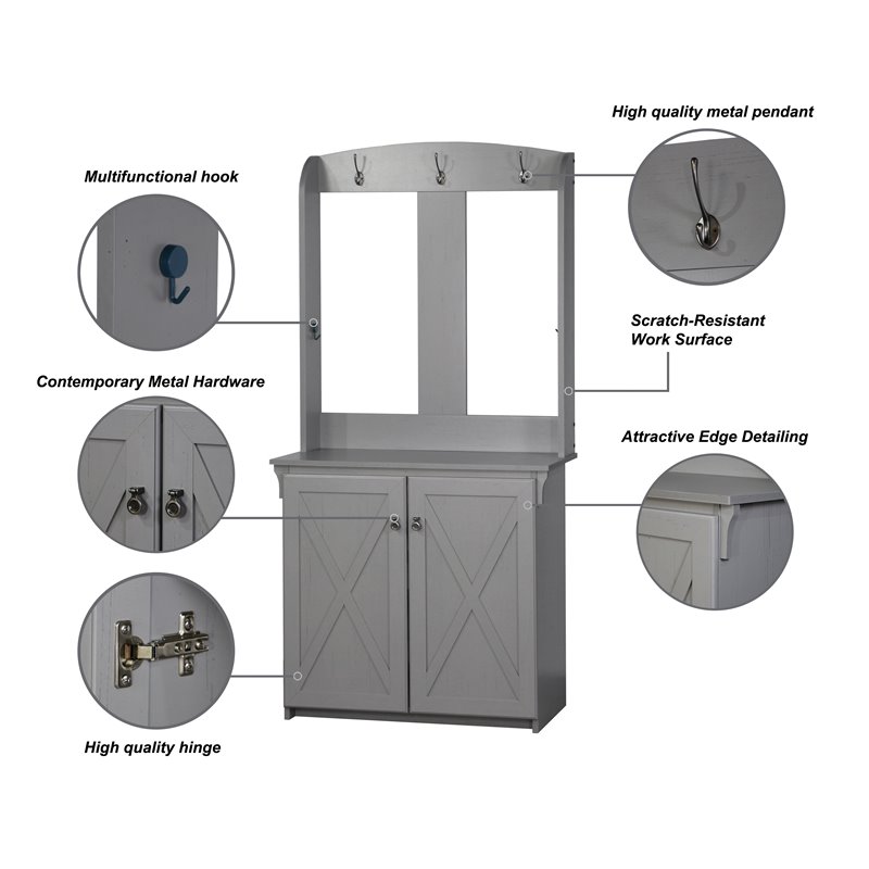 Saint Birch Hawksbury Farmhouse Wood Hall Tree & Cabinet in Gray