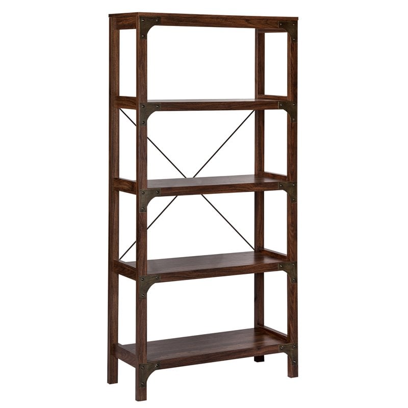 Saint Birch Logan 4-Shelf X-Cross Modern Wood Bookcase in Walnut