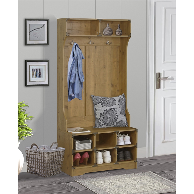 Saint Birch Austin Contemporary Wood Hall Tree And Shoe Bench in Old Pine