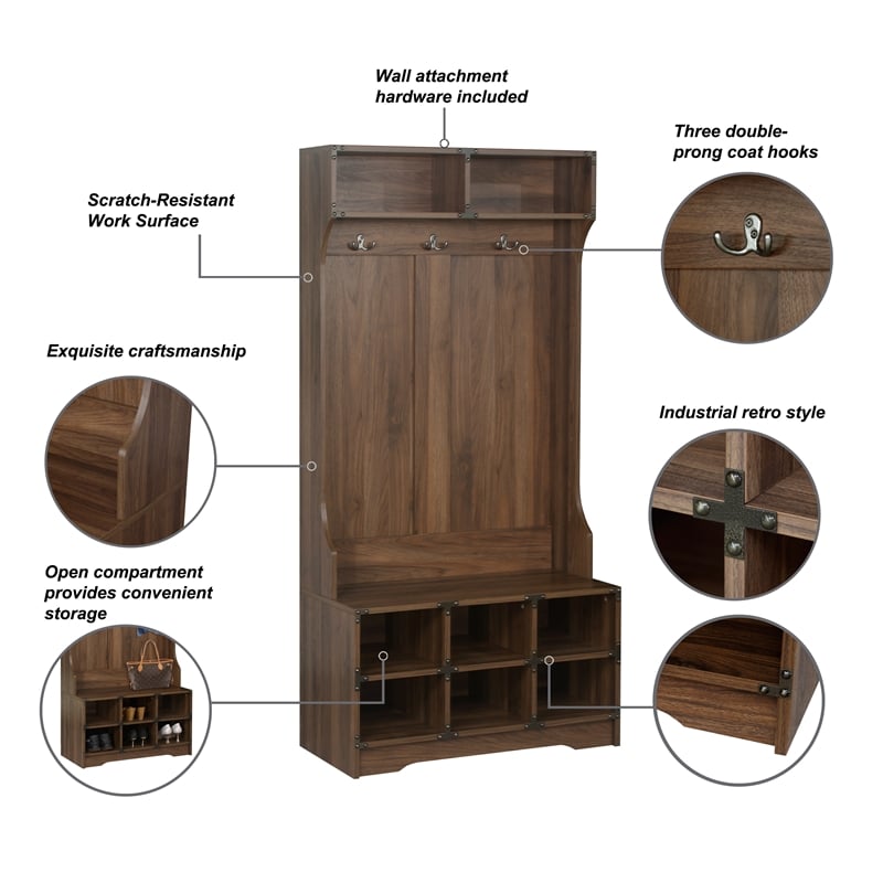 Saint Birch Brunei Wood Hall Tree and Shoe Bench in Dark Walnut