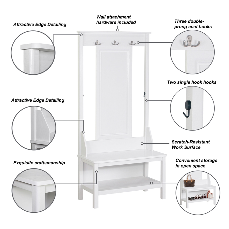 Saint Birch Finley Wood Hall Tree And Shoe Bench in White
