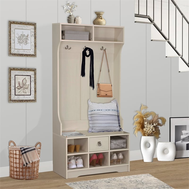 Saint Birch Hawksbury Wood Hall Tree and Shoe Bench in Antique White