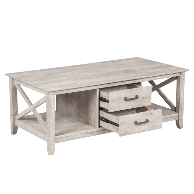 Saint Birch Honduras Wood Coffee Table With 2 Drawers in Washed Gray
