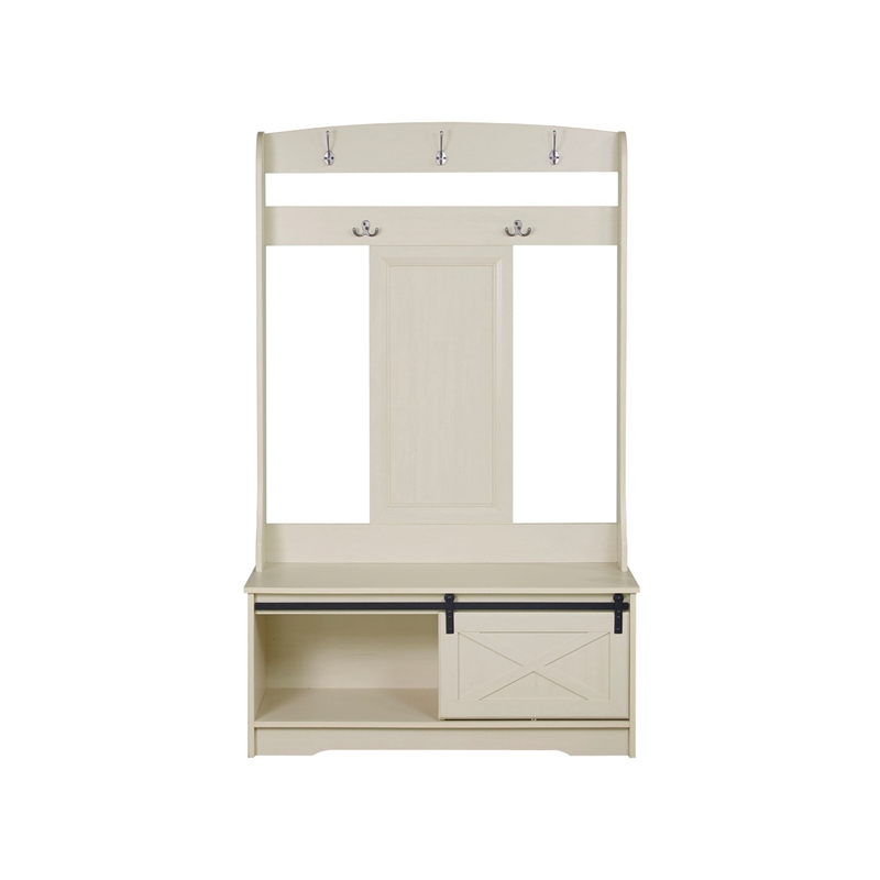 Sanit Birch Hawksbury Transitional Antique White Hall Tree and Shoe Bench