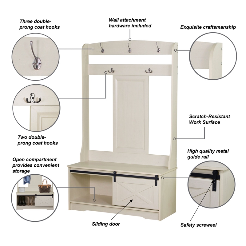 Sanit Birch Hawksbury Transitional Antique White Hall Tree and Shoe Bench
