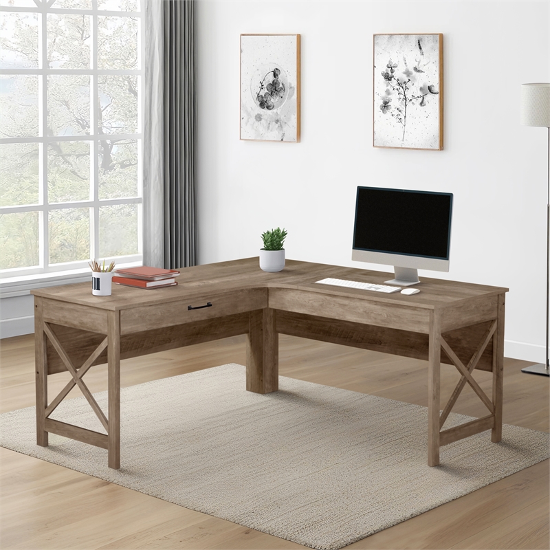 Saint Birch Oxford Farmhouse Engineered Wood L-Shaped Desk in Rustic Oak