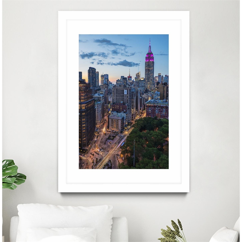 Giant Art 24x36 Manhattan Skyline at Twilight Matted and Framed in Yellow