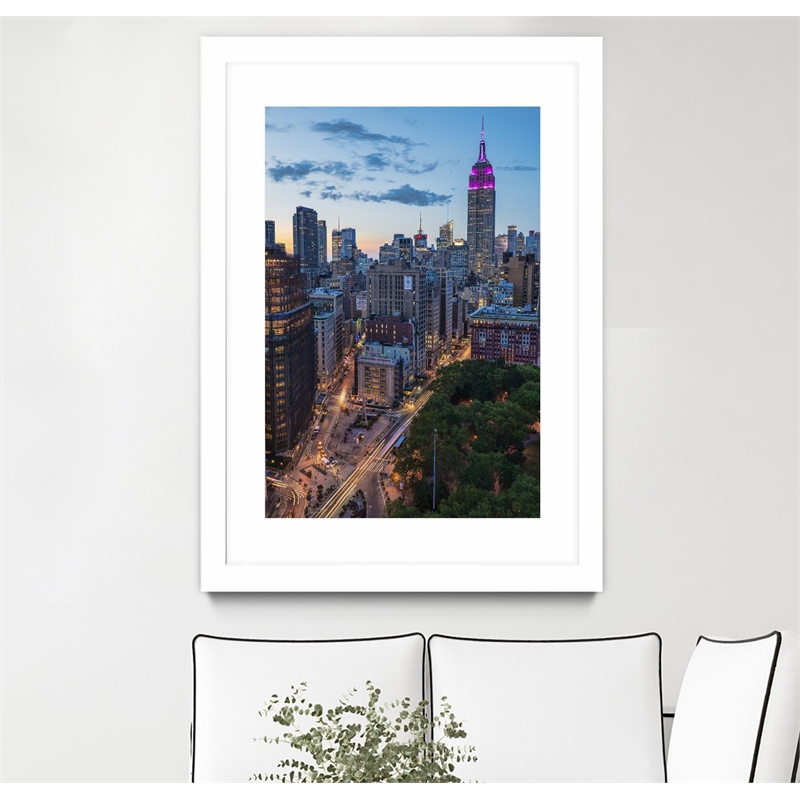 Giant Art 24x36 Manhattan Skyline at Twilight Matted and Framed in Yellow