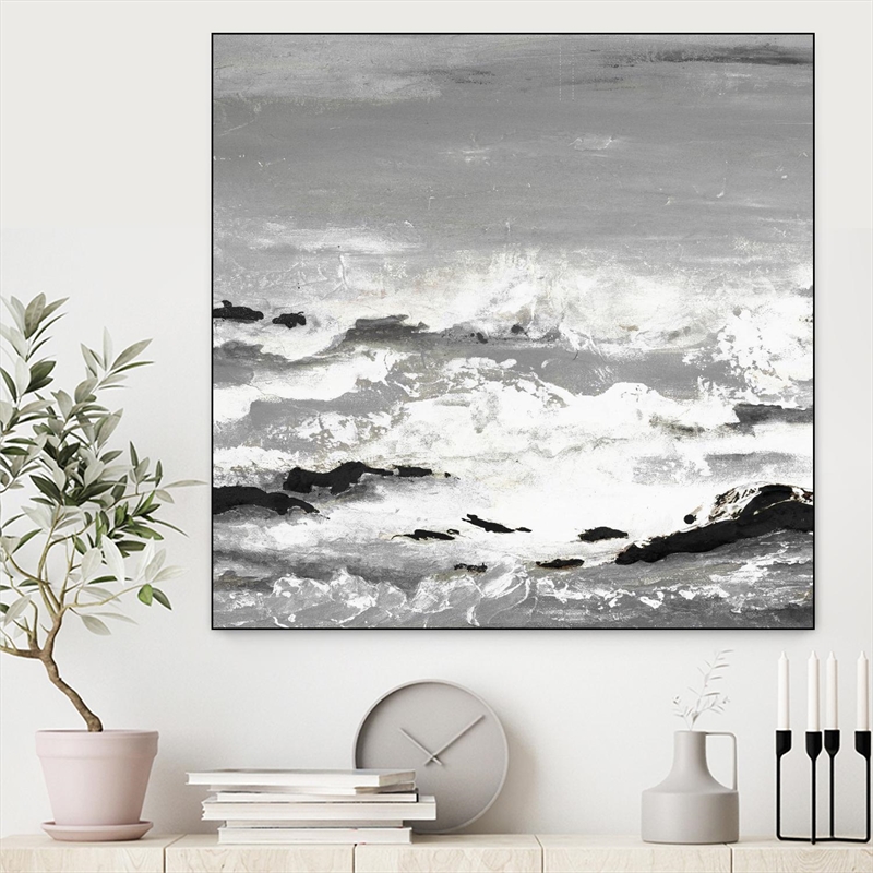 Giant Art Canvas  30x30 Rocks and Waves Framed in Multi-Color