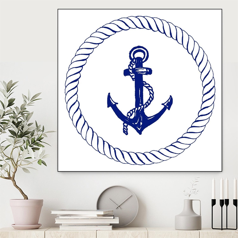 Giant Art Canvas  30x30 Blue Nautical Circle I Framed in Multi-Color