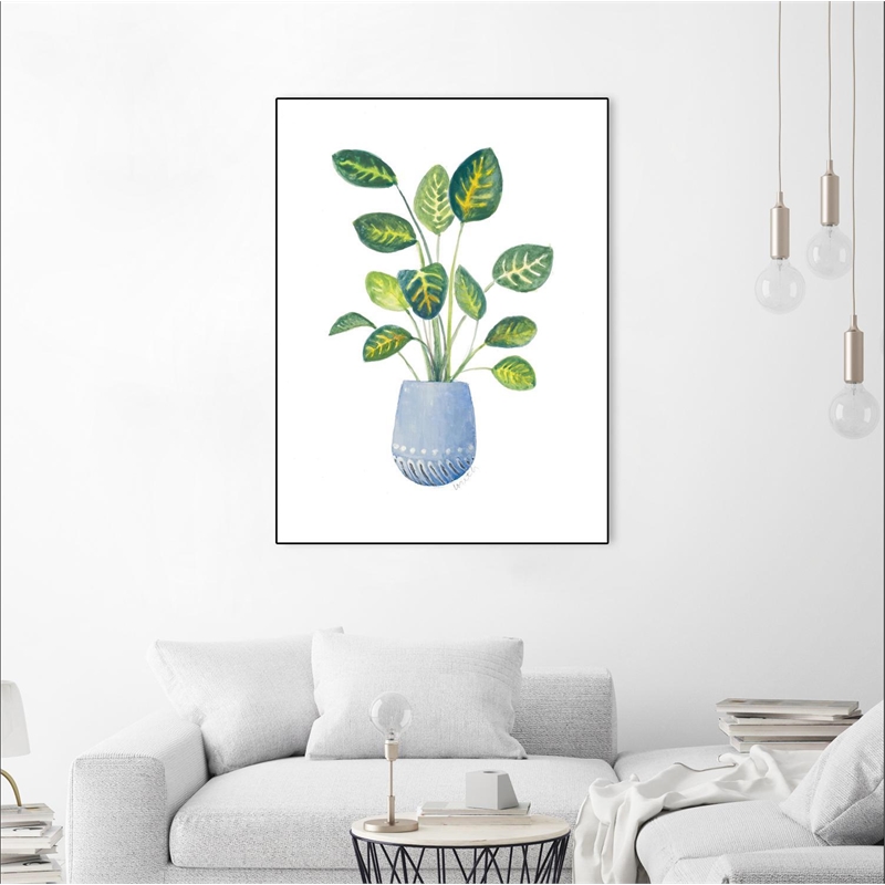 Giant Art Canvas  30x40 Croton In Blue Pot Framed in Multi-Color
