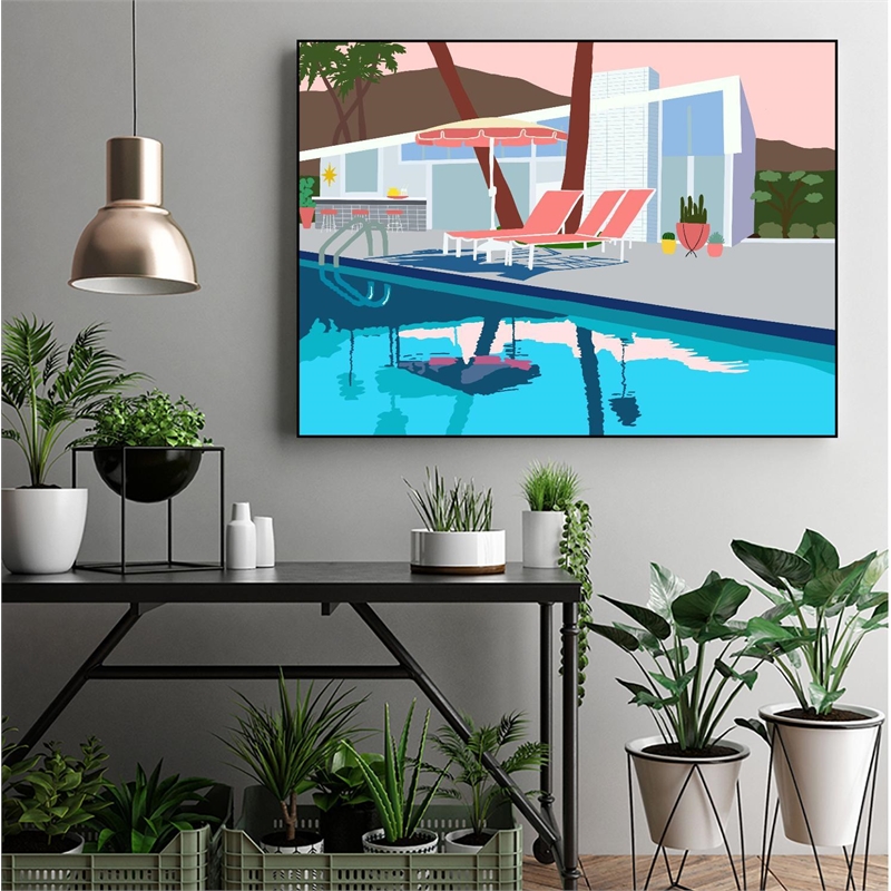 Giant Art Canvas  24x18 Pool Lounge Pink Chairs Framed in Multi-Color