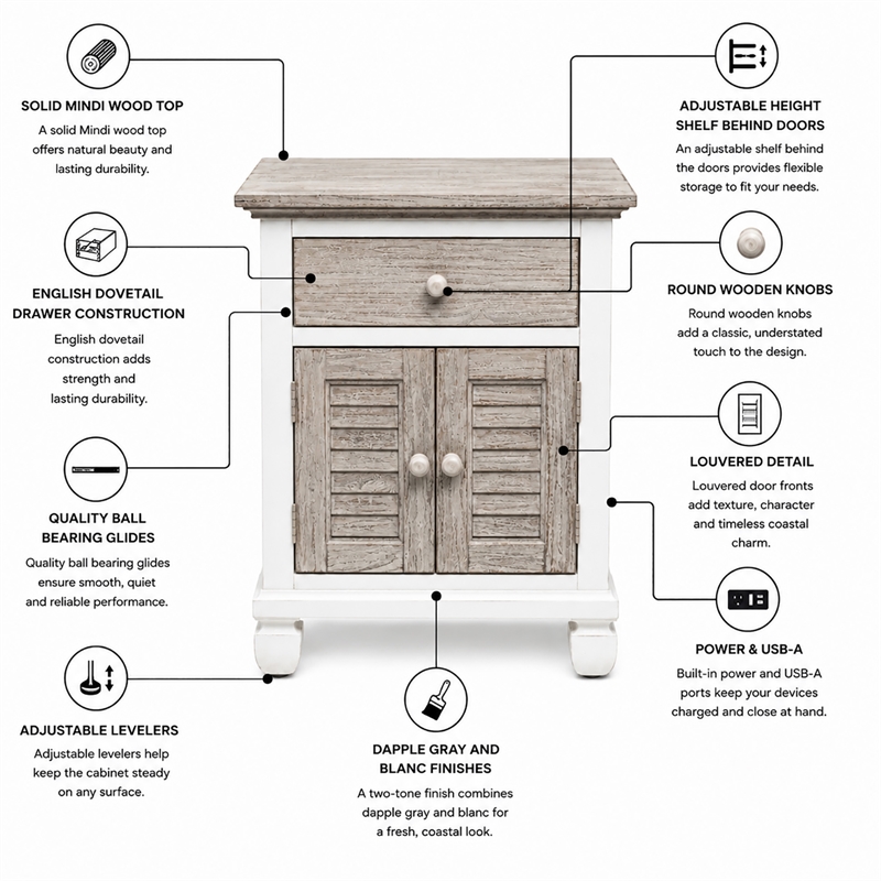 Sea Wind Florida Islamorada 2-Door Wood Nightstand with Drawer - Gray