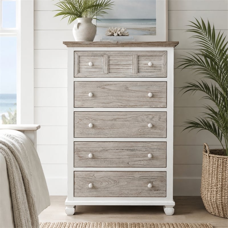 Sea Wind Florida Islamorada Wood Chest with 5 Drawers in Gray/White