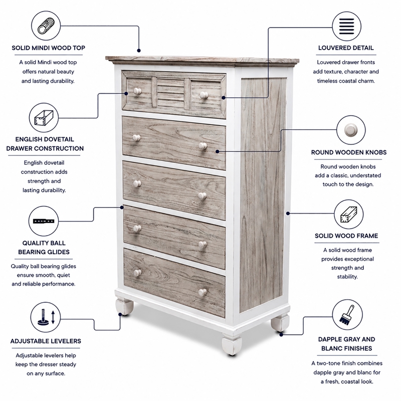Sea Wind Florida Islamorada Wood Chest with 5 Drawers in Gray/White