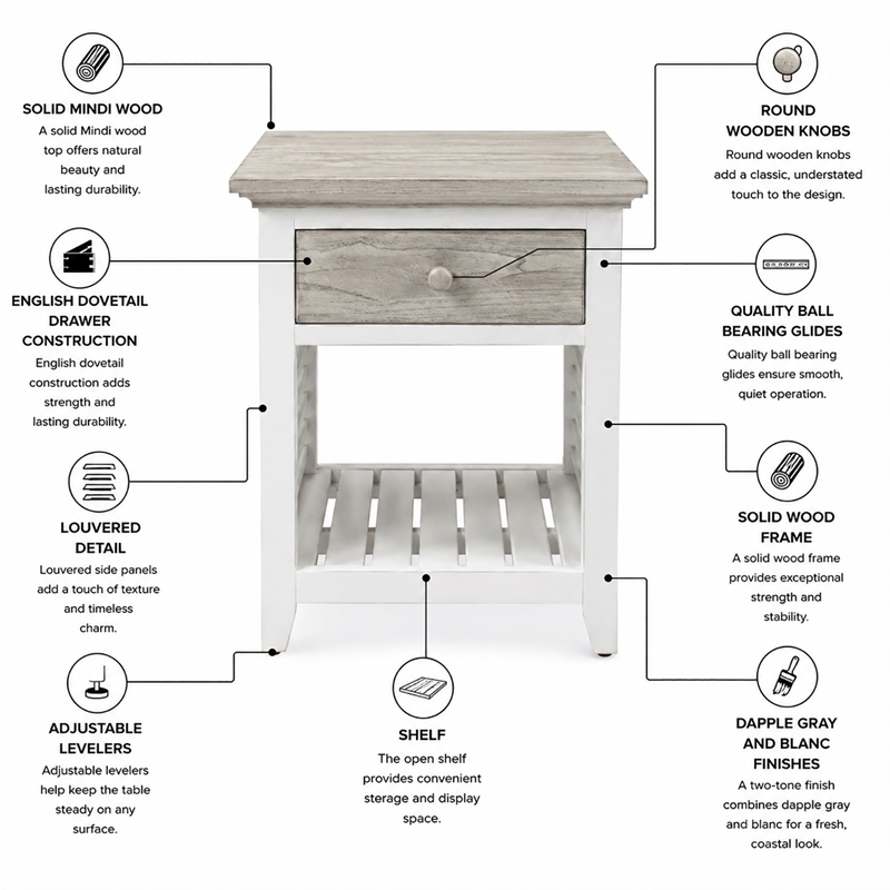 Sea Wind Florida Islamorada Wood End Table with Drawer in Gray/White