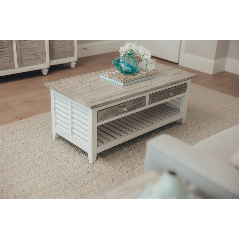 Sea Wind Florida Islamorada Wood Coffee Table with Drawers in Gray/White
