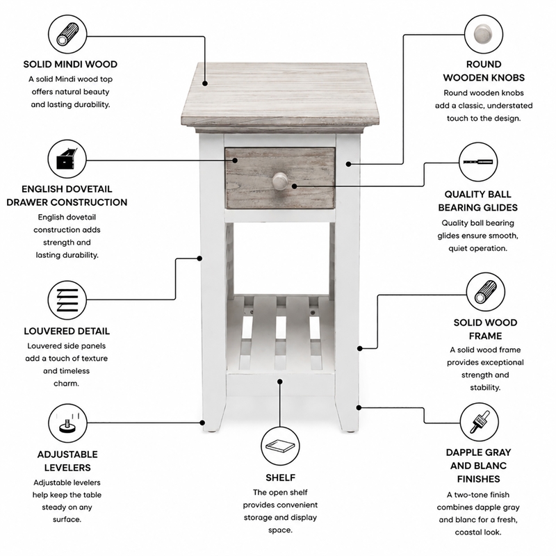 Sea Wind Florida Islamorada Wood Chairside Table with Drawer in Gray/White