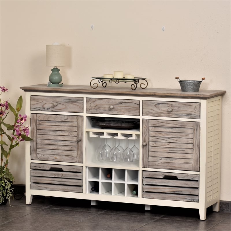Sea Wind Florida Islamorada Wood Sideboard with Wine Rack in Gray/White