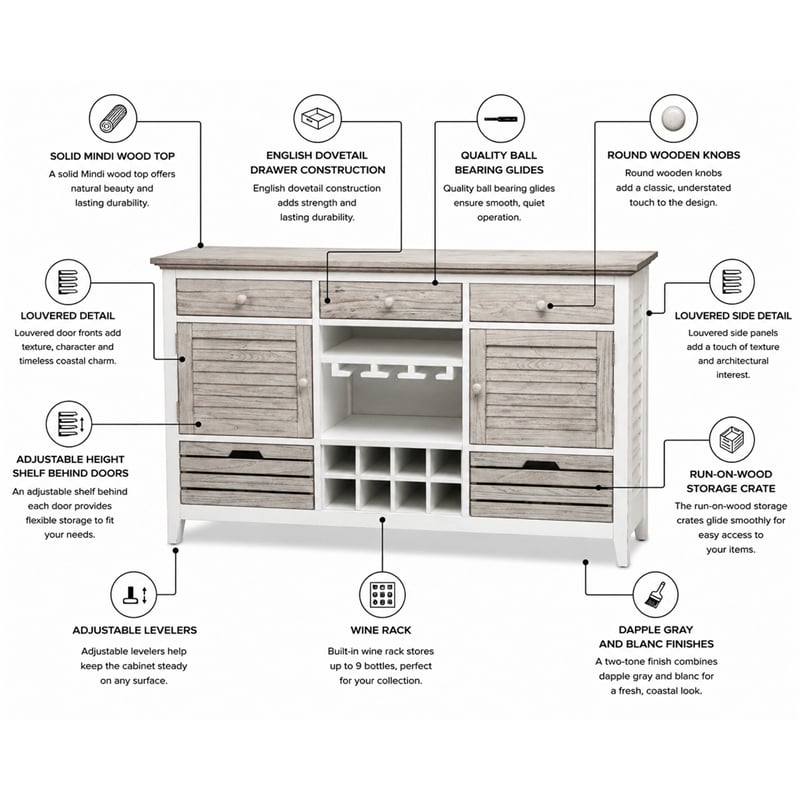 Sea Wind Florida Islamorada Wood Sideboard with Wine Rack in Gray/White
