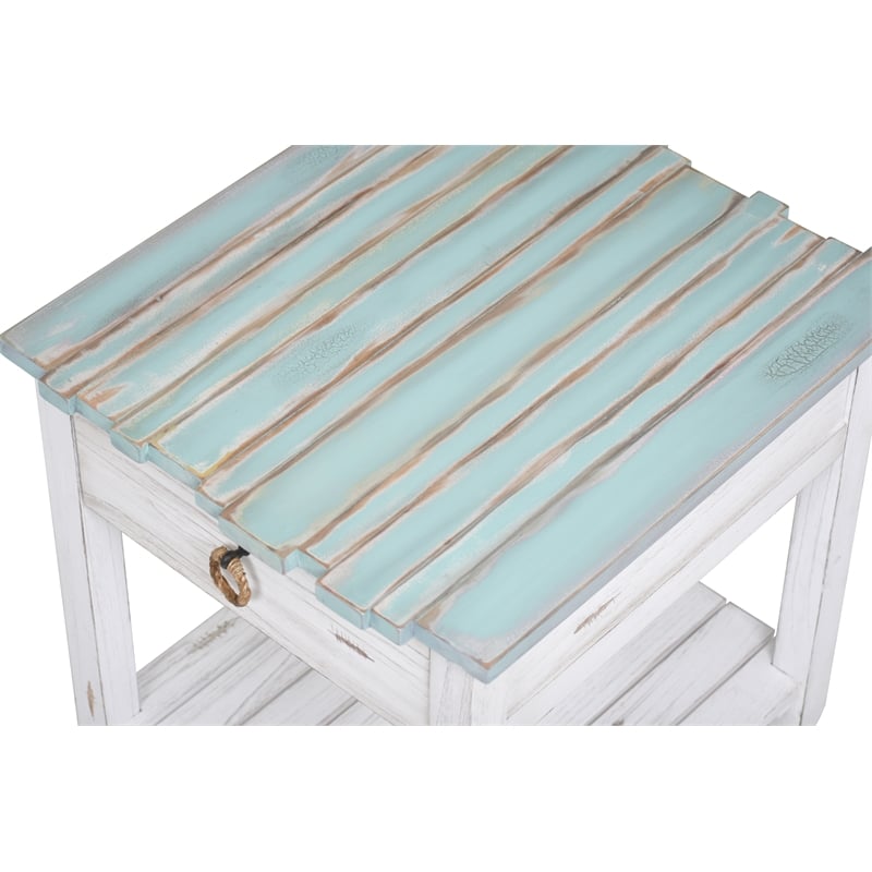 Sea Wind Florida Picket Fence Wood End Table with Drawer in White/Blue