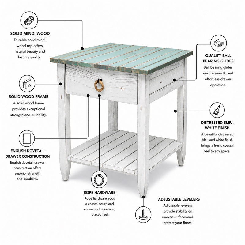 Sea Wind Florida Picket Fence Wood End Table with Drawer in White/Blue