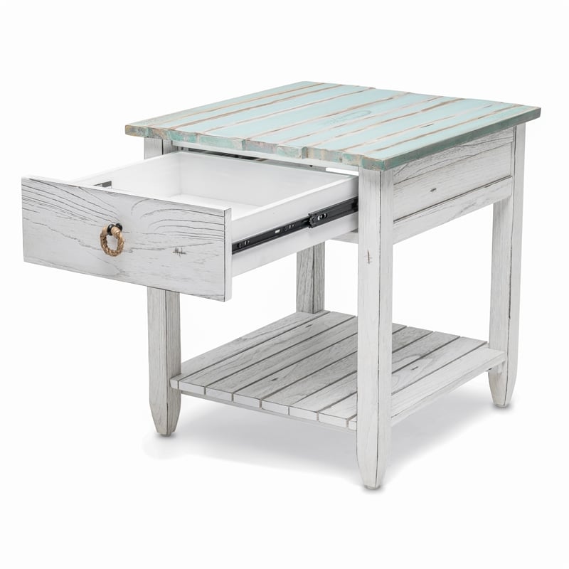 Sea Wind Florida Picket Fence Wood End Table with Drawer in White/Blue