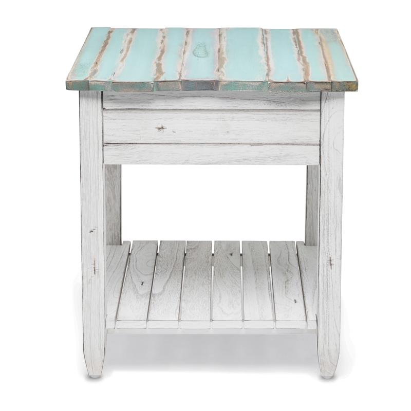Sea Wind Florida Picket Fence Wood End Table with Drawer in White/Blue