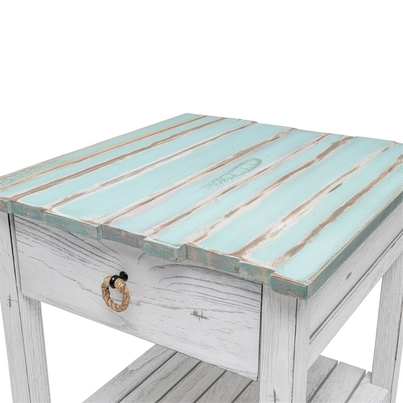 Sea Wind Florida Picket Fence Wood End Table with Drawer in White/Blue