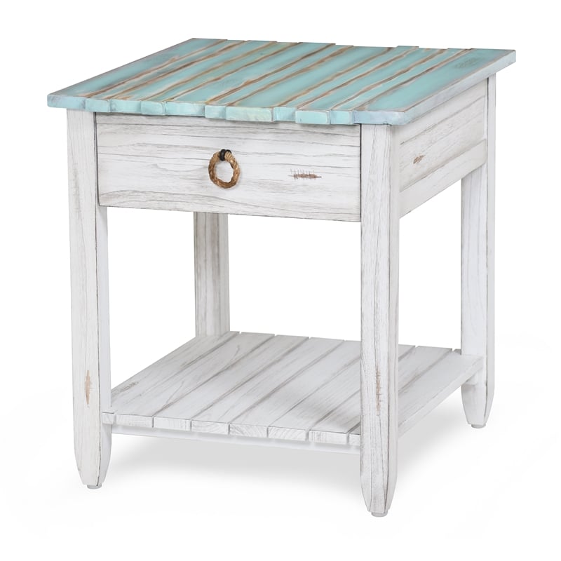 Sea Wind Florida Picket Fence Wood End Table with Drawer in White/Blue