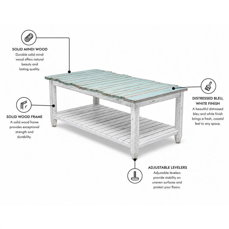 Sea Wind Florida Picket Fence Wood Coffee Table in White/Blue