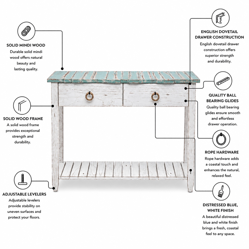 Sea Wind Florida Picket Fence Wood Console Table with Drawers in White/Blue