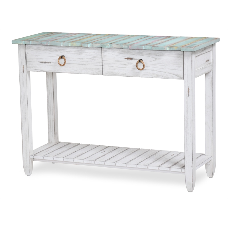 Sea Wind Florida Picket Fence Wood Console Table with Drawers in White/Blue