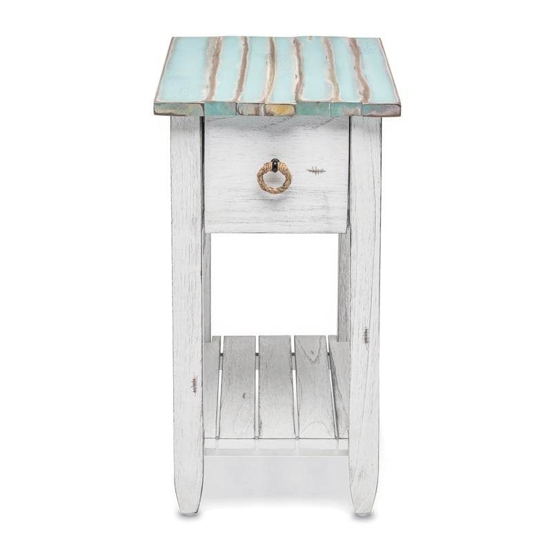 Sea Wind Florida Picket Fence Wood Chairside Table with Drawer in White/Blue
