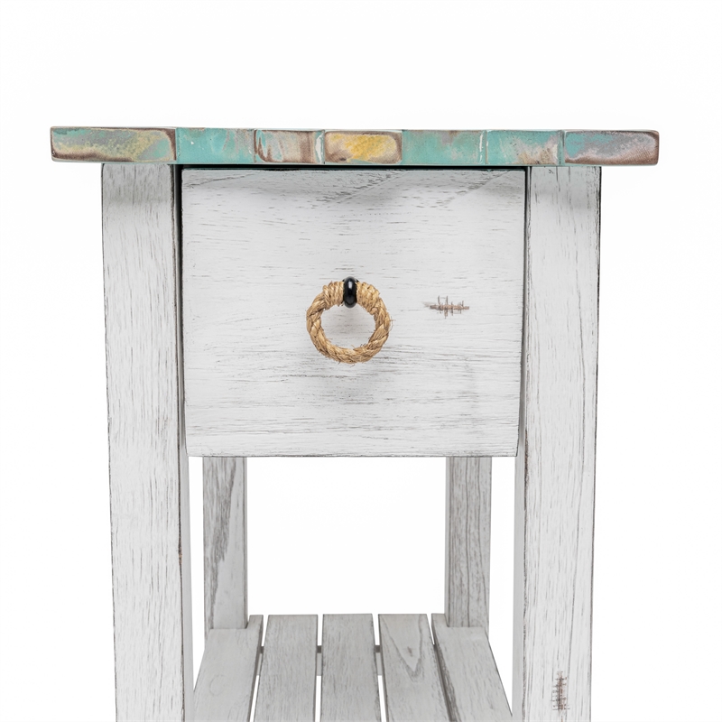 Sea Wind Florida Picket Fence Wood Chairside Table with Drawer in White/Blue
