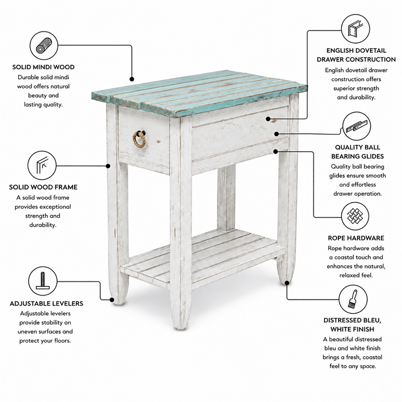 Sea Wind Florida Picket Fence Wood Chairside Table with Drawer - Blue